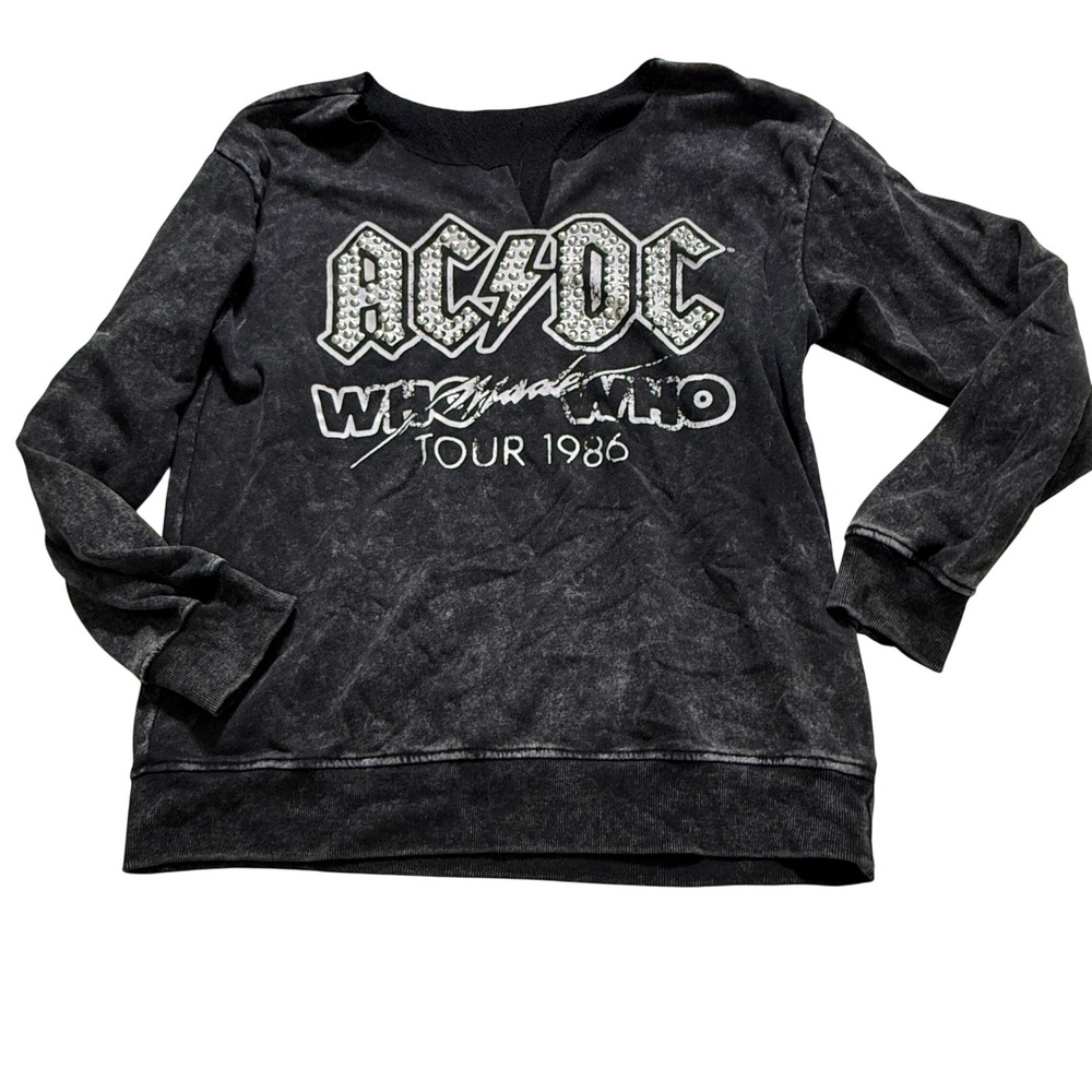 AC/DC Sweatshirt Womens L Black Acid Wash Bedazzled Tour 1986 Cut Neck Raw Hem